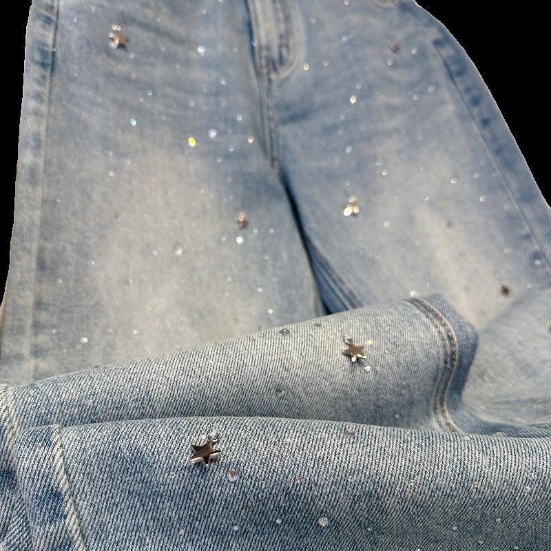 2024 Spring New Narrow Straight Jeans Women's Slimming Fashionable All-Match Rhinestone women jeans pants