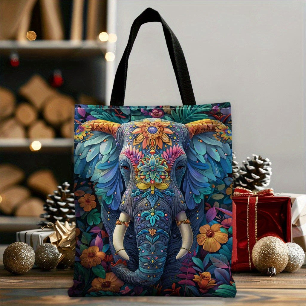 Fashion Elements 1pc Flowers with Elephant Pattern Tote Bag, Perfect for Shopping Bag Animal Pattern Print Bag Storage Tote Bag