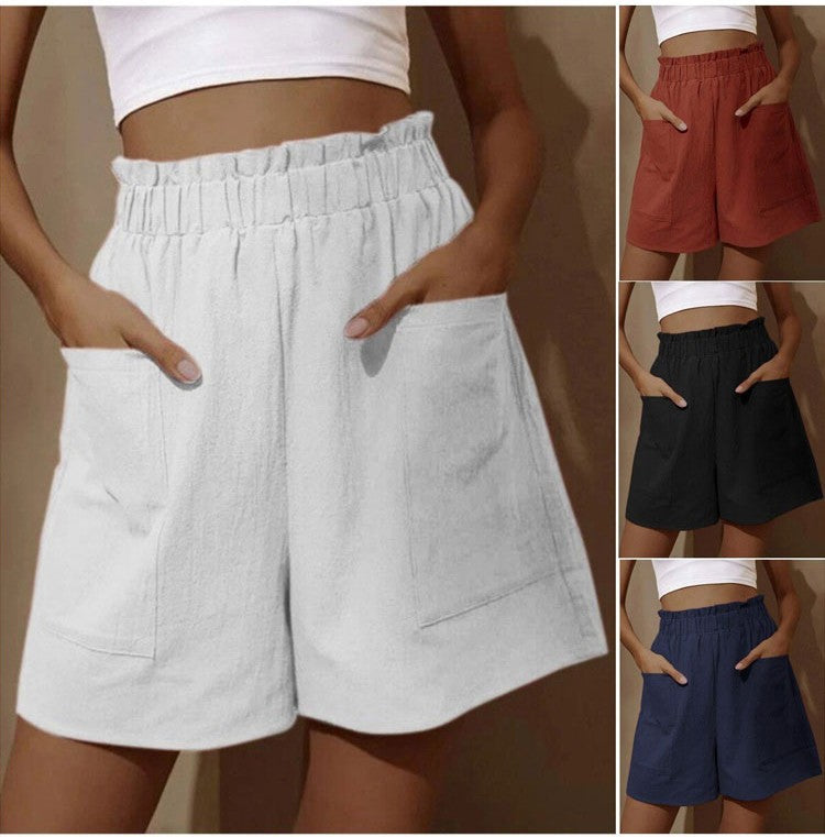 Summer New Loose Large Size Casual Shorts Women's Solid High Waist Casual Pants Two Pockets Wide Leg Pants Female Shorts Sport