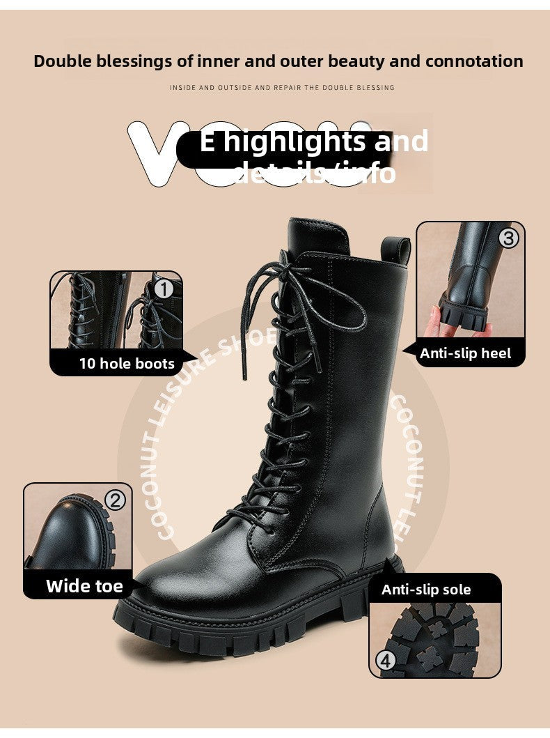 2025 Autumn/Winter Fashion Cool Baby Girls Warm Square Heel Round Toe Casual Lace-Up Comfortable Kids Black Mid Boots