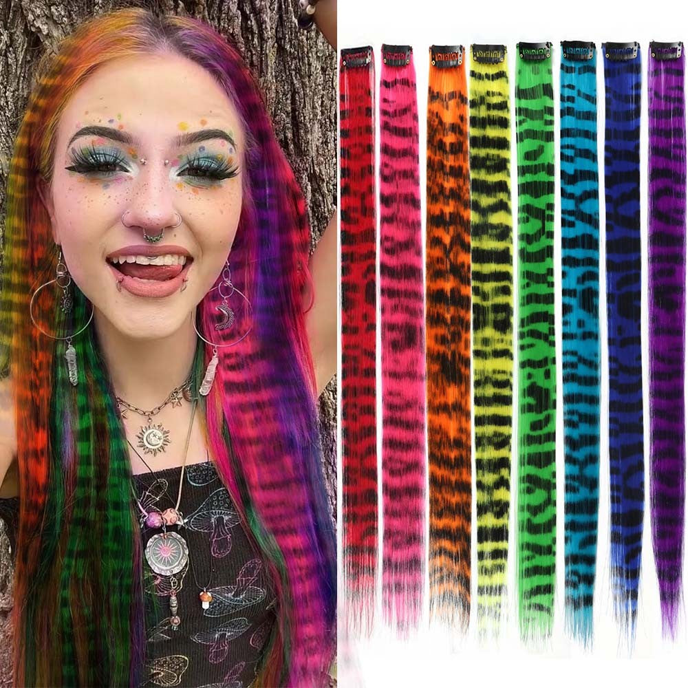 Colorful Feather Hair Extensions 8Pcs 18" Animal Stripe Print Hair Clip-on Rainbow Synthetic Hair for Cosplay, Party, Festivals
