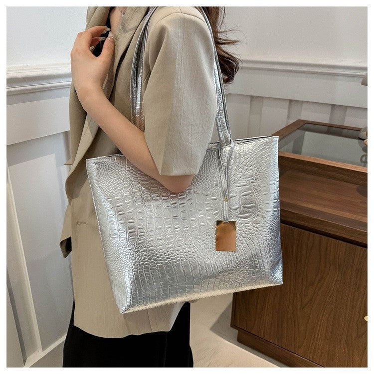 Fashion Casual Women Shoulder Bags Silver Gold Black Crocodile Handbag PU Leather Female Big Tote Bag Ladies Hand Bags Sac