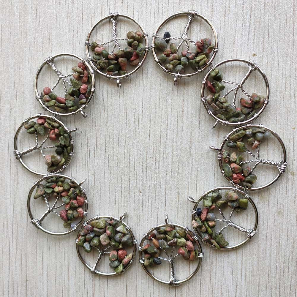 Natural Amethysts Roses Quartz Stone Handmade Wire Wrapped Tree of Life Pendants 30mm for Jewelry Marking Wholesale 12pcs/lot