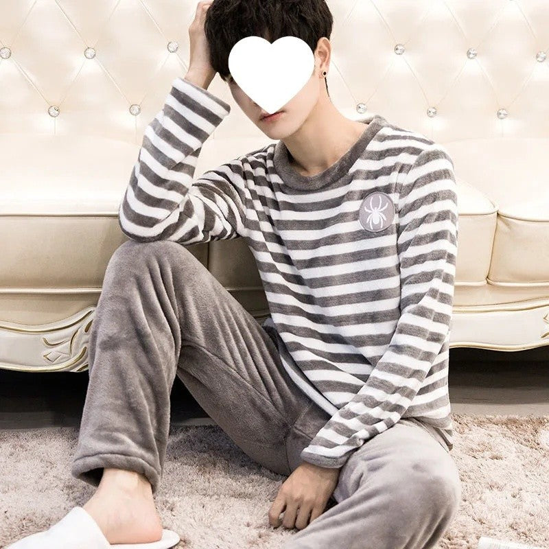 Thickened Flannel Sleepwear Set for Men Winter Home Clothes Coral Fleece Lined Autumn Winter Style Overhead Mens Nightgown