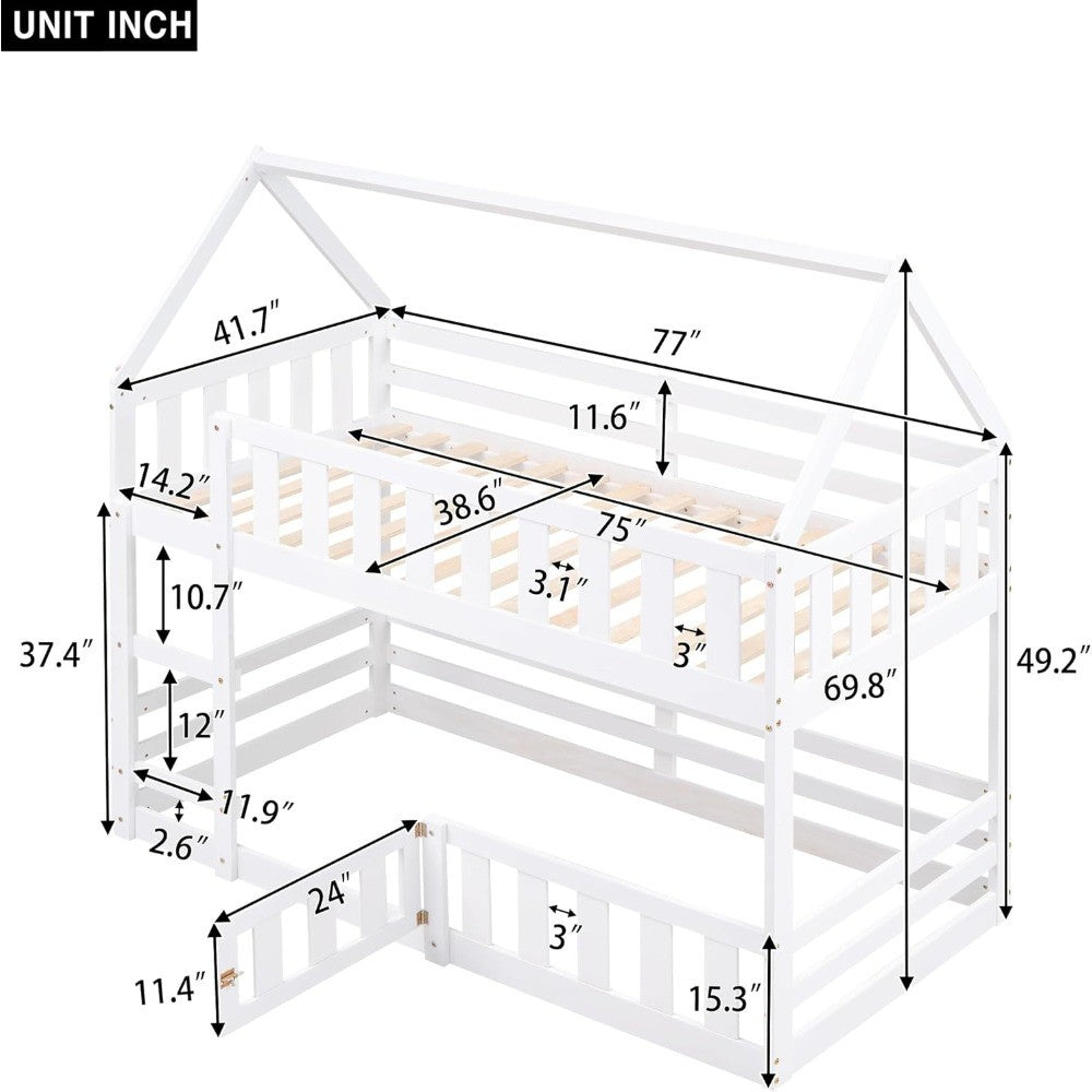 Twin Over Twin House Bunk Bed Frame for Boys Girls Kids Adults Toddler with Fence and Door, White