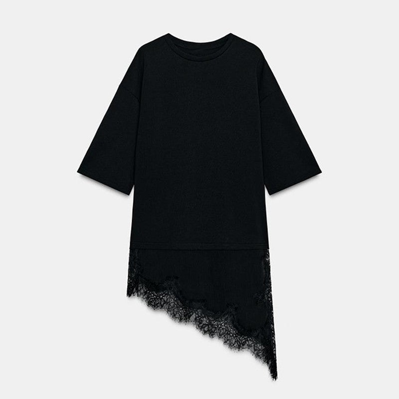 Fashion Lace Patchwork Mid Sleeve Tops for Women Elegant O Neck Loose Female T-shirt Spring New Lady Solid Shirts High Street