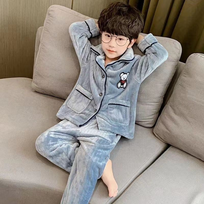Boys Autumn Winter Thickened Flannel Coral Fleece Pajama Set Warm Kids Sleepwear Homewear