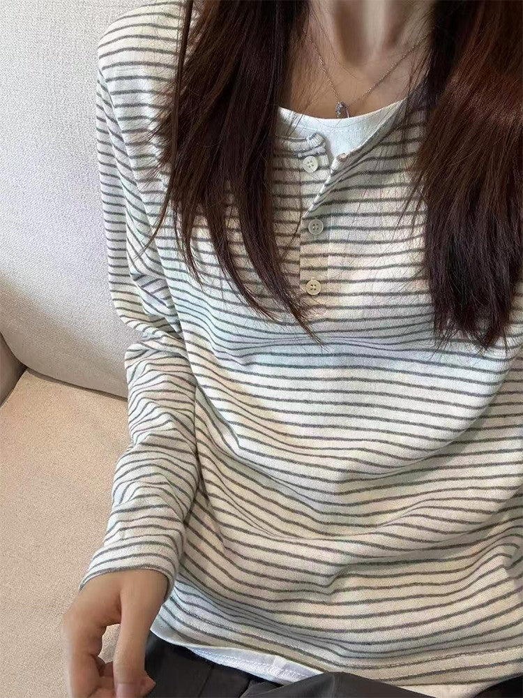 Stripe Button Long Sleeve T-shirt Slim Fit Fake Two-piece Women's Top 2025 Autumn Fashion Casual Long Sleeve Tops