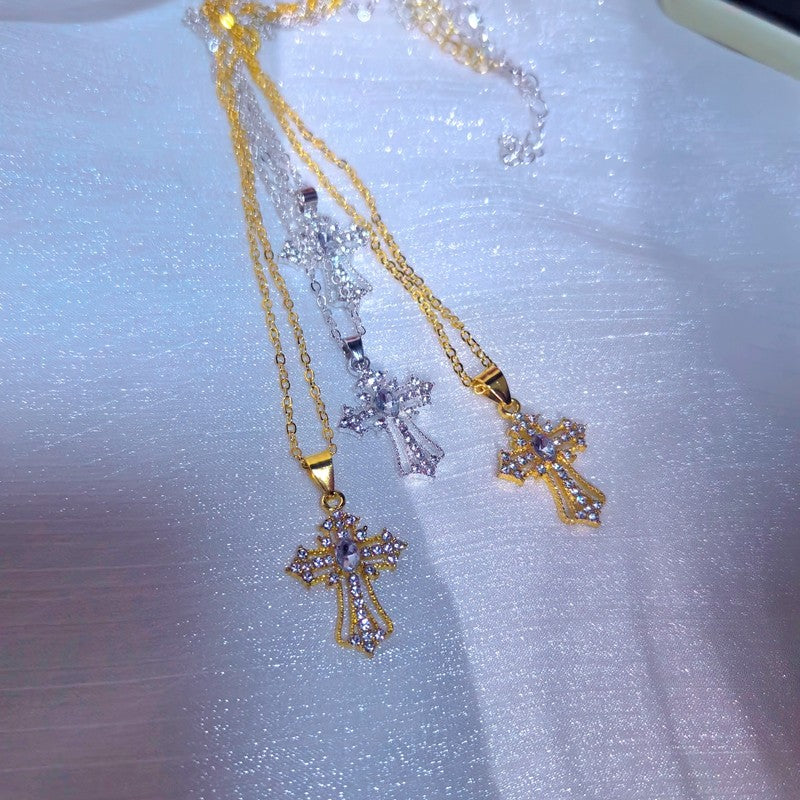 Gothic Big Zircon Cross Necklace Unisex Y2K Irregular Goth Large Cross Pendant Necklaces for Men Women Couple Necklace Jewelry