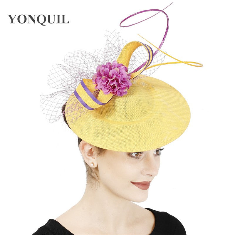 New Design Yellow With Purple Hair Fascinator Hat Headband Bridal Wedding Party Headpiece Mesh Ladies Occasion Hair Accessories
