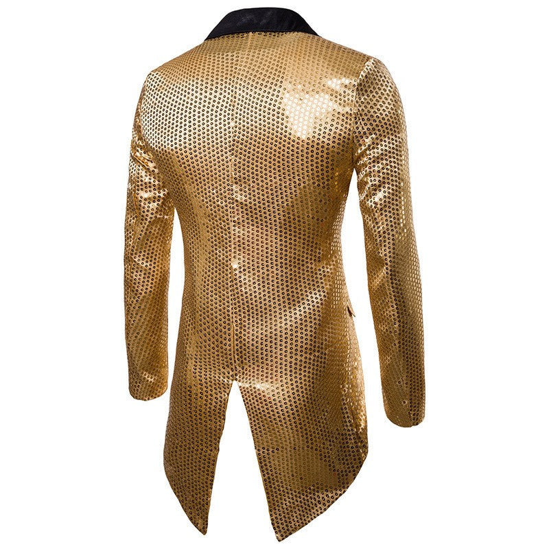 Gold Men's V-Neck Long Sleeve Tuxedo, TV Performance Magic Long Jacket Shiny Sequin Decoration Red Blue Black Blazer S-XXL