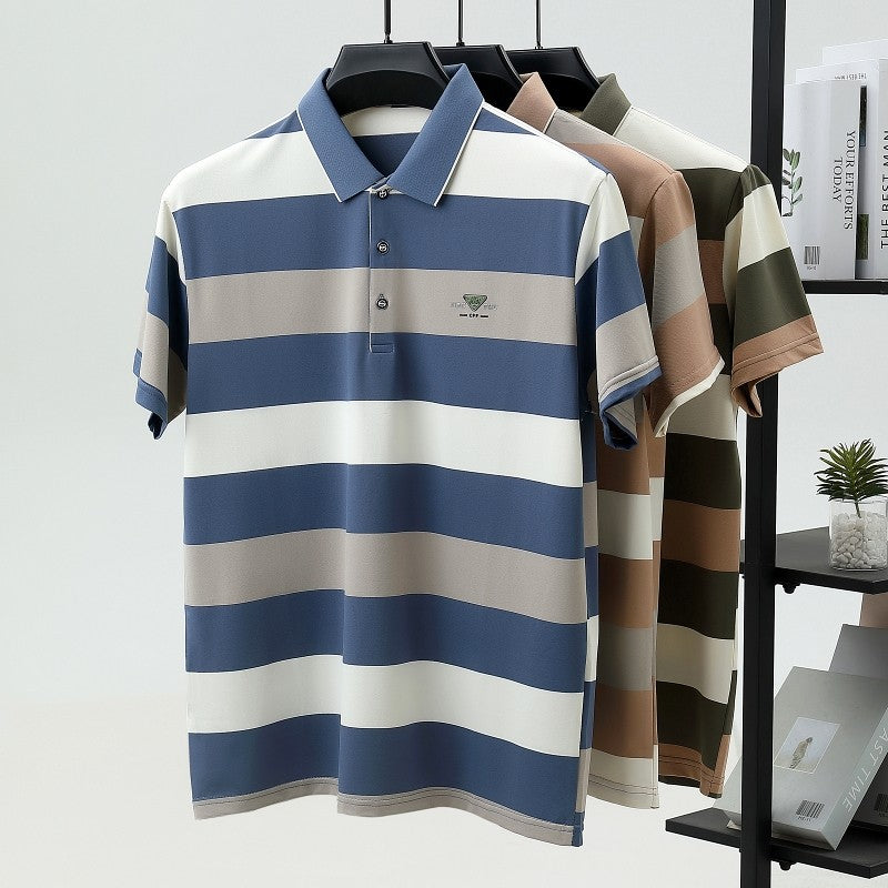 100% pure cotton fashion short sleeve polo shirt men's luxury brand embossed wide stripe color blocked summer casual lapel top