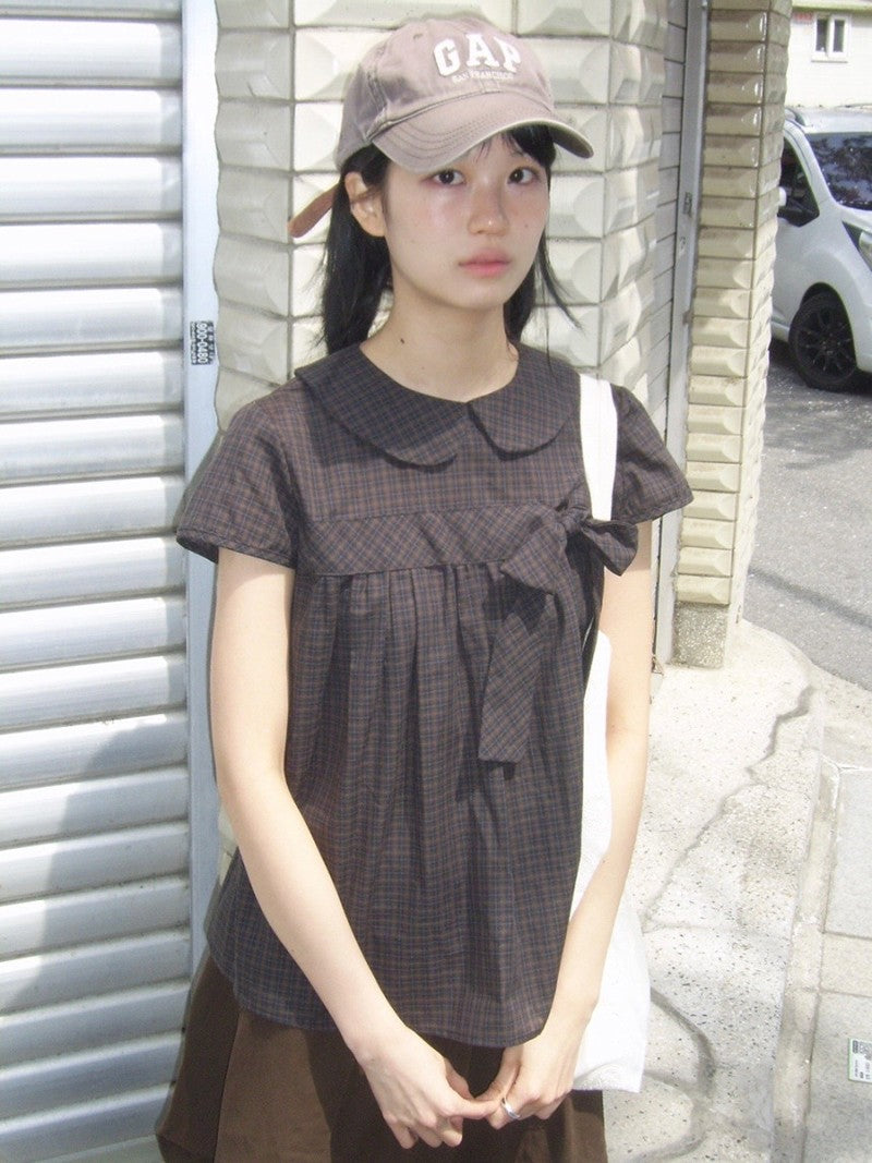 Vintage Plaid Shirts Women Japanese Harajuku Bow Peter Pan Collar Blouses Summer Korean Aesthetic Short Sleeve Casual Tops New
