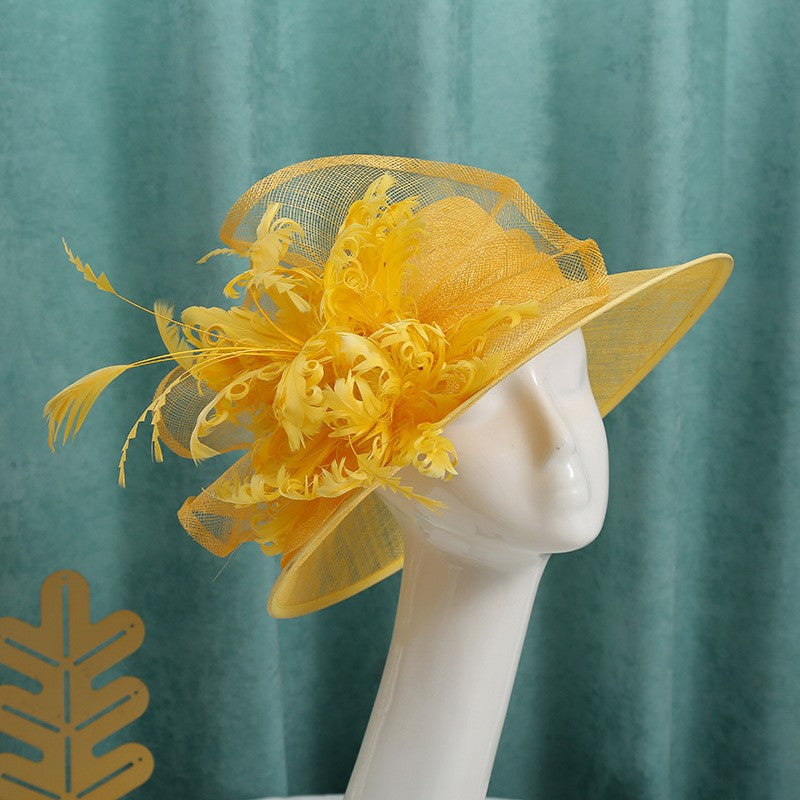 Double hemp yarn pattern design feather accessories big brim sun hat elegant banquet hat wedding beach vacation equestrian hat