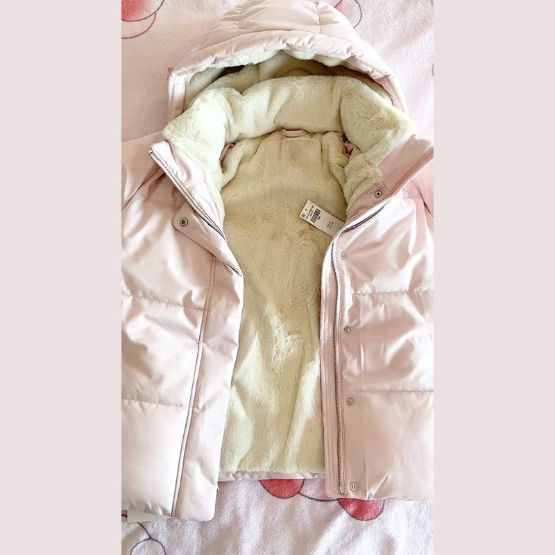 Pink Women's Jacket With Hat Zipper Pockets Inner Faux Fur Solid Female Jackets 2025 Autumn Winter Fashion Chic Lady Outwears