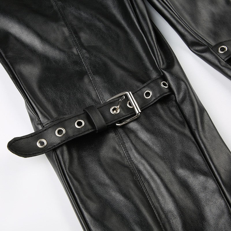 PU Leather Flare Pant Goth Buckle Lace Patchwork Pants Women Fashion Y2K Streetwear Vintage Aesthetics Casual Pants Trousers