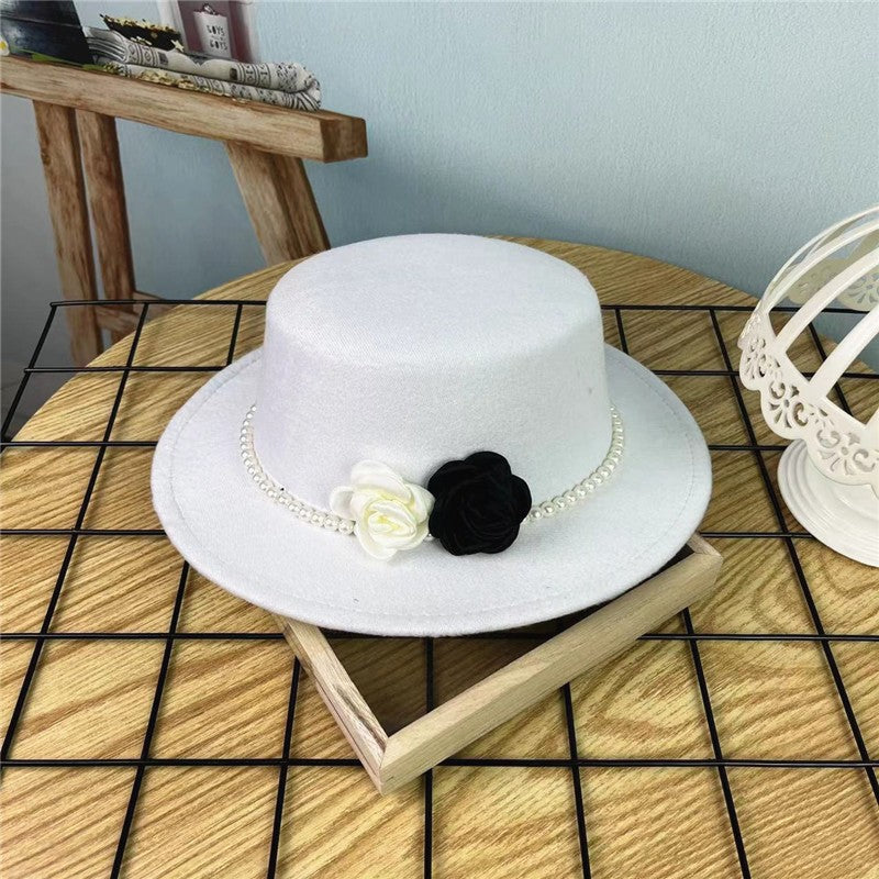 Women's Floral Chain Fedora High Fashion with Pearl Pins Bump Cap Black White Autumen Winter Ladies Fedoras Wide Brim Girl Hat