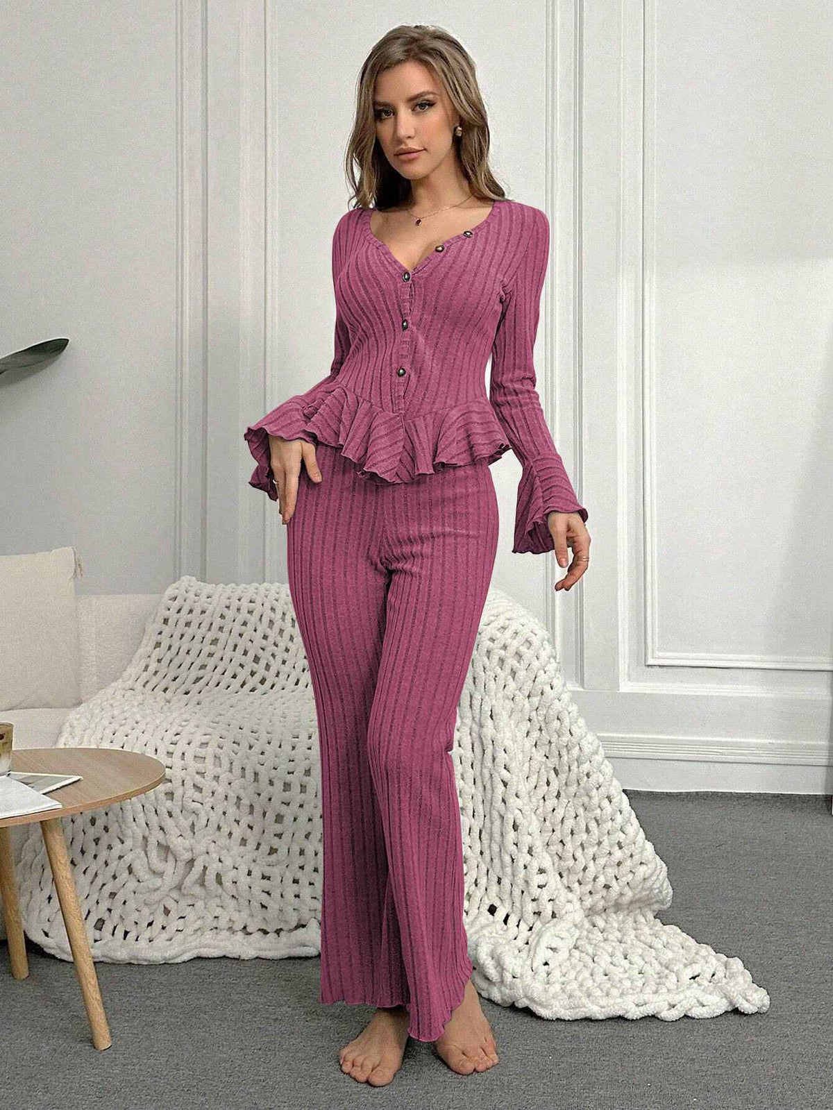 Home Wear Sexy V-neck Fashionable Length Pants Set Autumn Winter Comfortable Casual Slim Fit Women Two-piece Set pajama