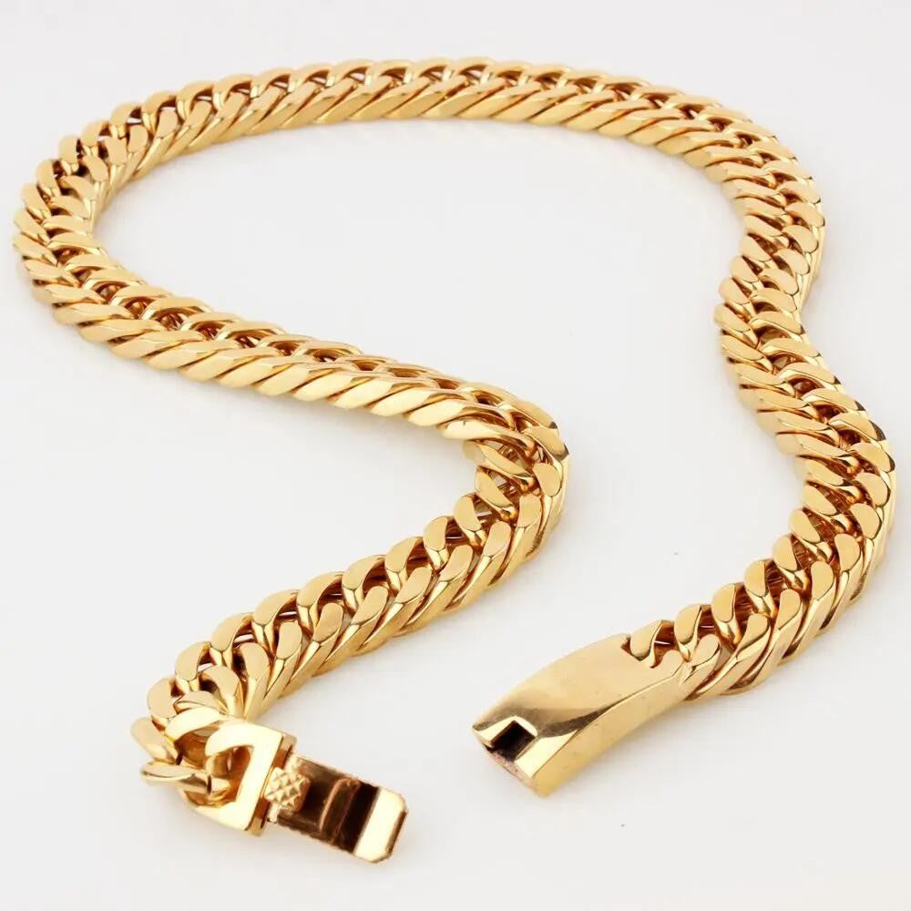 Granny Chic 15mm 7-40inch Gold Color Firm Strong 316L Stainless Steel Jewelry Curb Cuban Link Chain Choker Men's Necklace