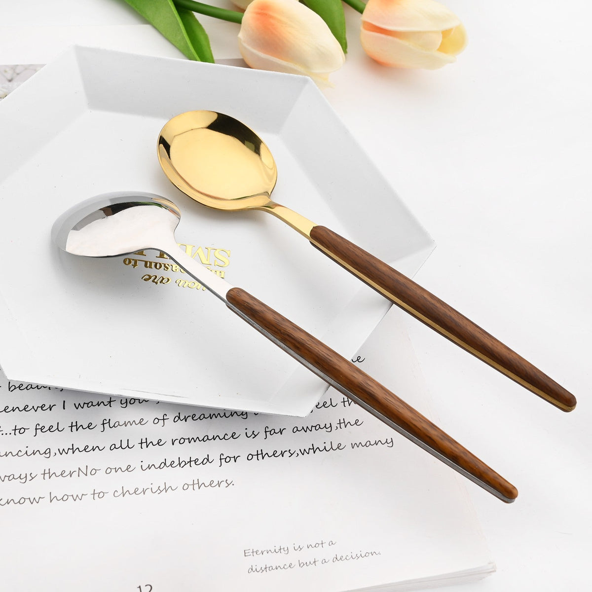 Drmfiy 24Pcs Brown Silver Dinnerware Stainless Steel Imitation Wooden Handle Silverware Knife Spoon Fork Cutlery Set Tableware