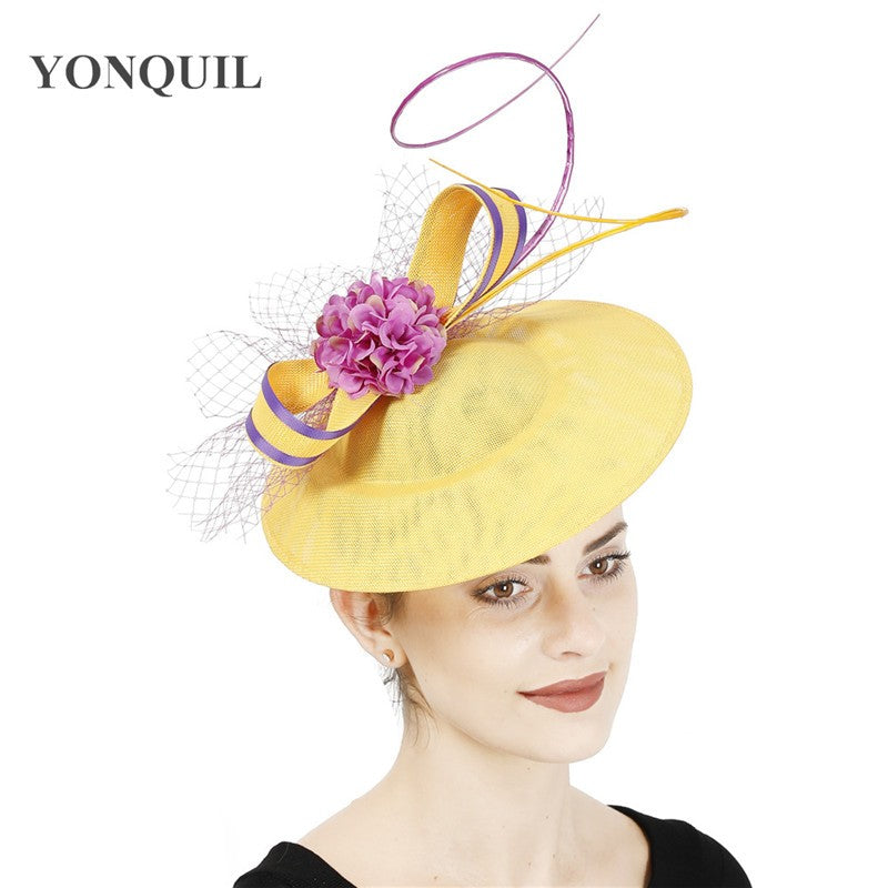 New Design Yellow With Purple Hair Fascinator Hat Headband Bridal Wedding Party Headpiece Mesh Ladies Occasion Hair Accessories