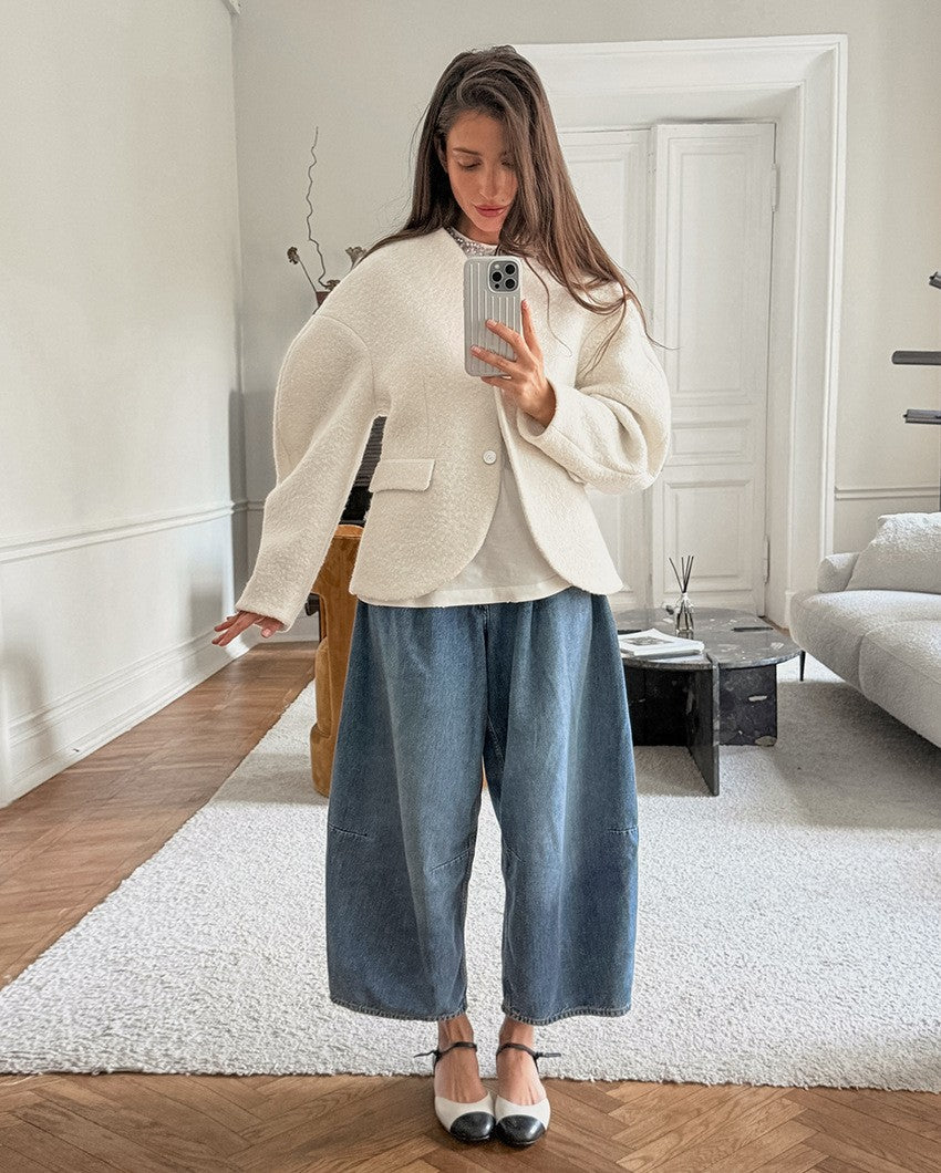 Leisure Solid Color Woolen Short Jacket Women Chic Collar Single Breasted Loose Outerwear Autumn New Daily Commuting Office Coat