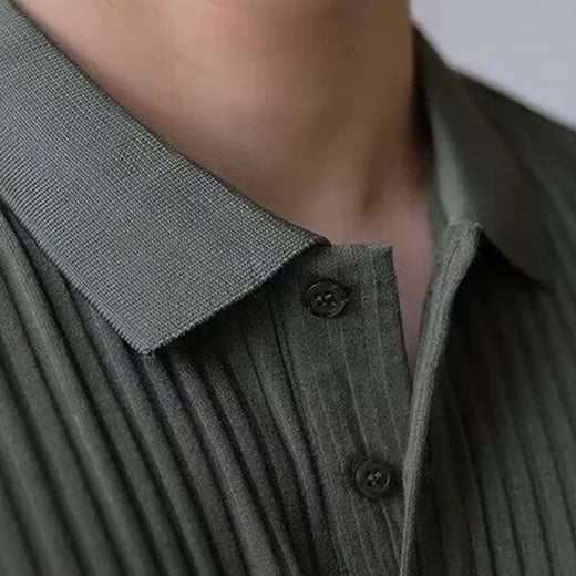 New Vertical Stripe Knit Polo Men's Shirts Summer Slim Solid Color Breathable Turn-Down Collar Business Short Sleeve Polo Tops