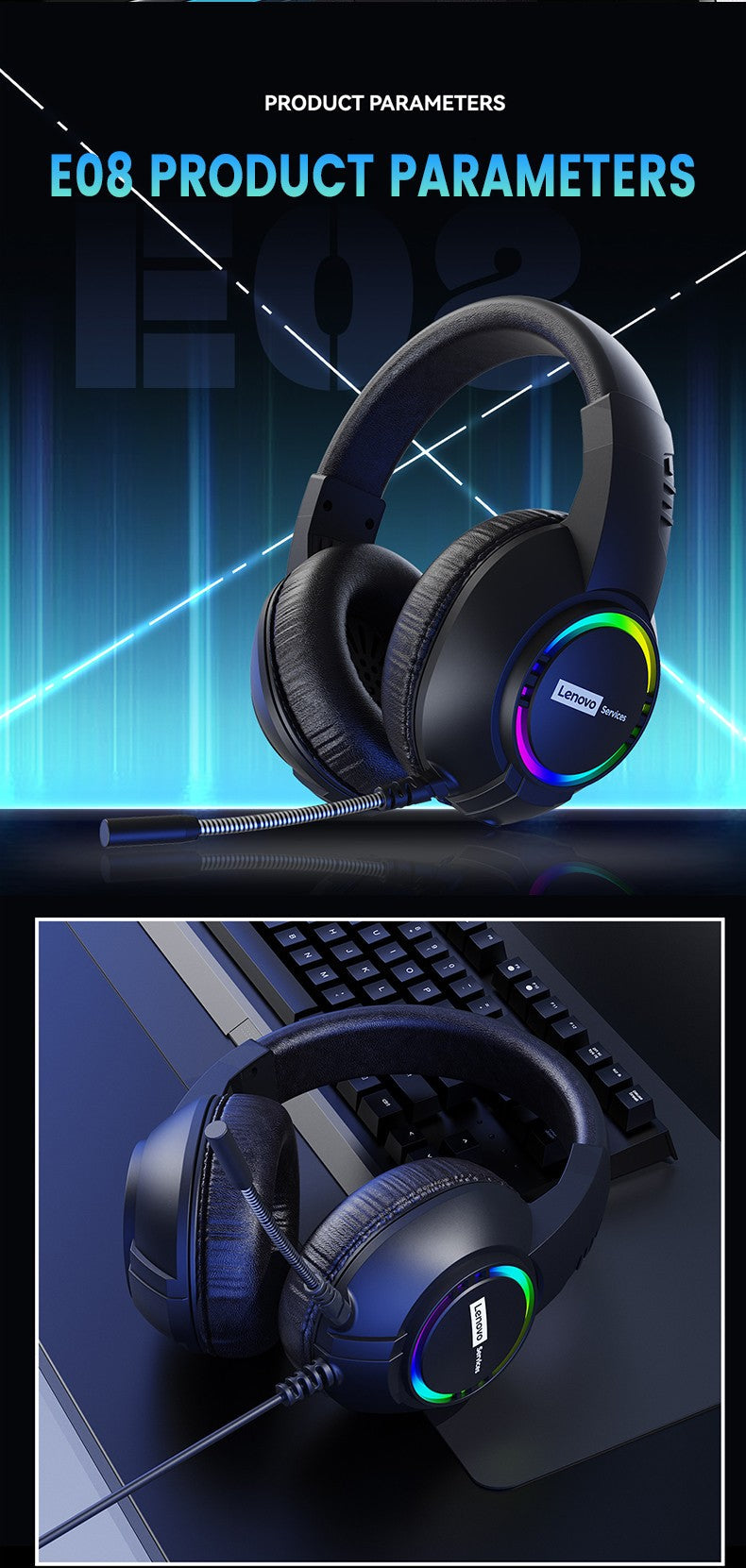 Lenovo E08 Wired Gaming Headphone with Microphone RGB Light Computer Laptop 7.1 Virtual Surround Sound Effects E-sports Headset