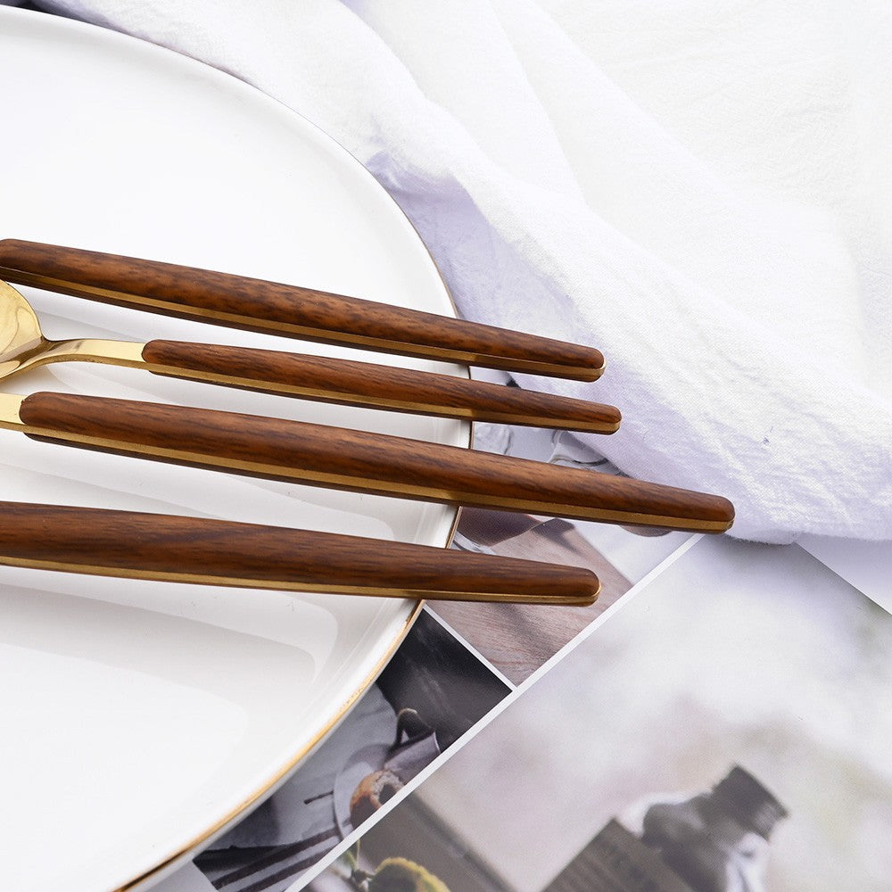 16/24/36Pcs Dinnerware Set Stainless Steel Imitation Wooden Handle Clamp Western Knife Fork Spoon Cutlery Tableware Silverware