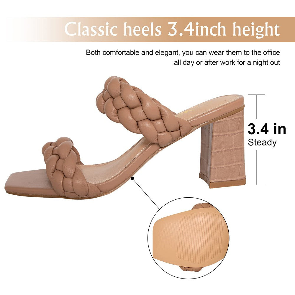 Elegant Women's Braided Heels Sandalias Fashion Strappy Square Sandals Open Toe Backless Mules Slip On Block Heeled Shoes