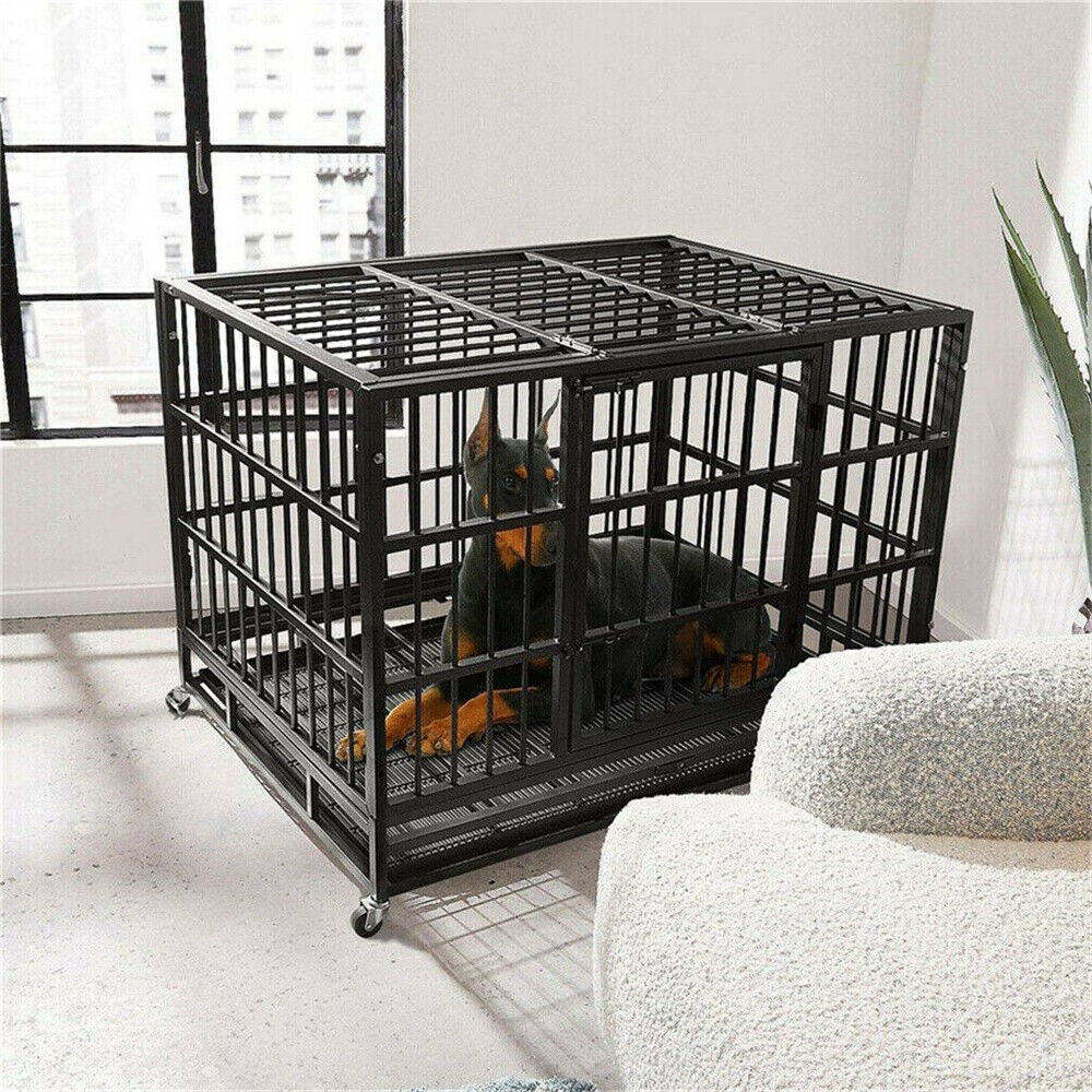 XXL Large Heavy Duty Dog Crate Strong Pet Cage Tear Resistant Square Tube Metal Kennel Playpen with Lockable Wheels and Tray