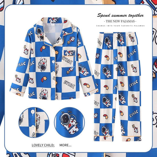 Space Theme Boys Pajama Sets Astronaut Long Sleeve Sleepwear with Galaxy Print Button Down Collar PJs for Kids Loungewear Outfit