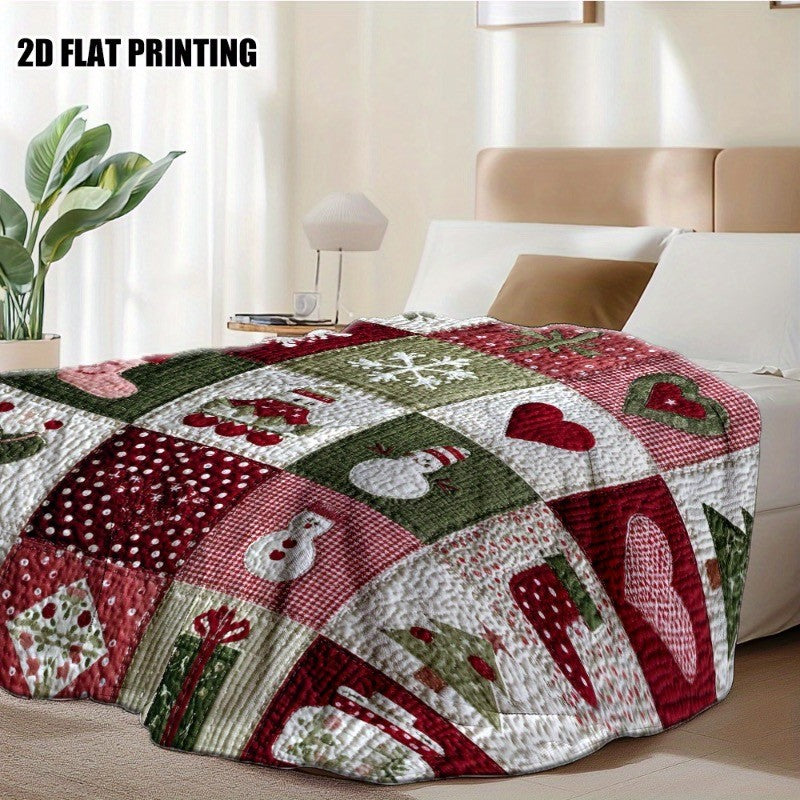 1pc Festive Christmas Quilt Squares Print Flannel Throw Blanket - Cozy Holiday Design with Santa Hats Hearts and Snowflakes