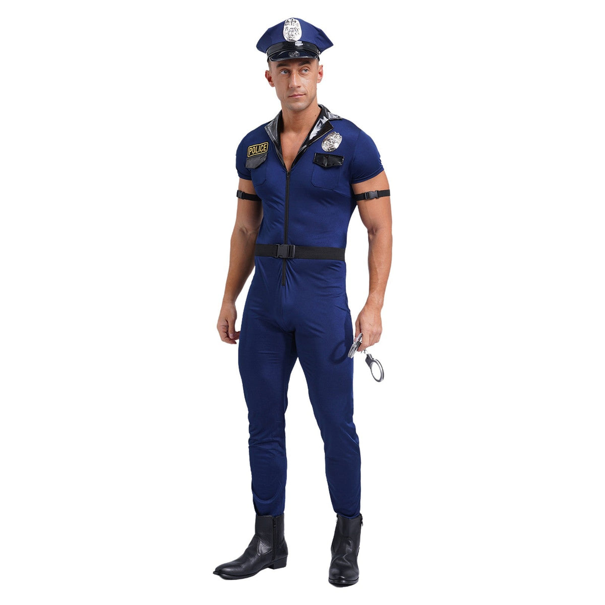 Mens Police Uniform Cosplay Outfits 7-Piece Dirty Cop Officer Costumes Front Zipper Role Play Jumpsuit Hat Belt Manacles Badge