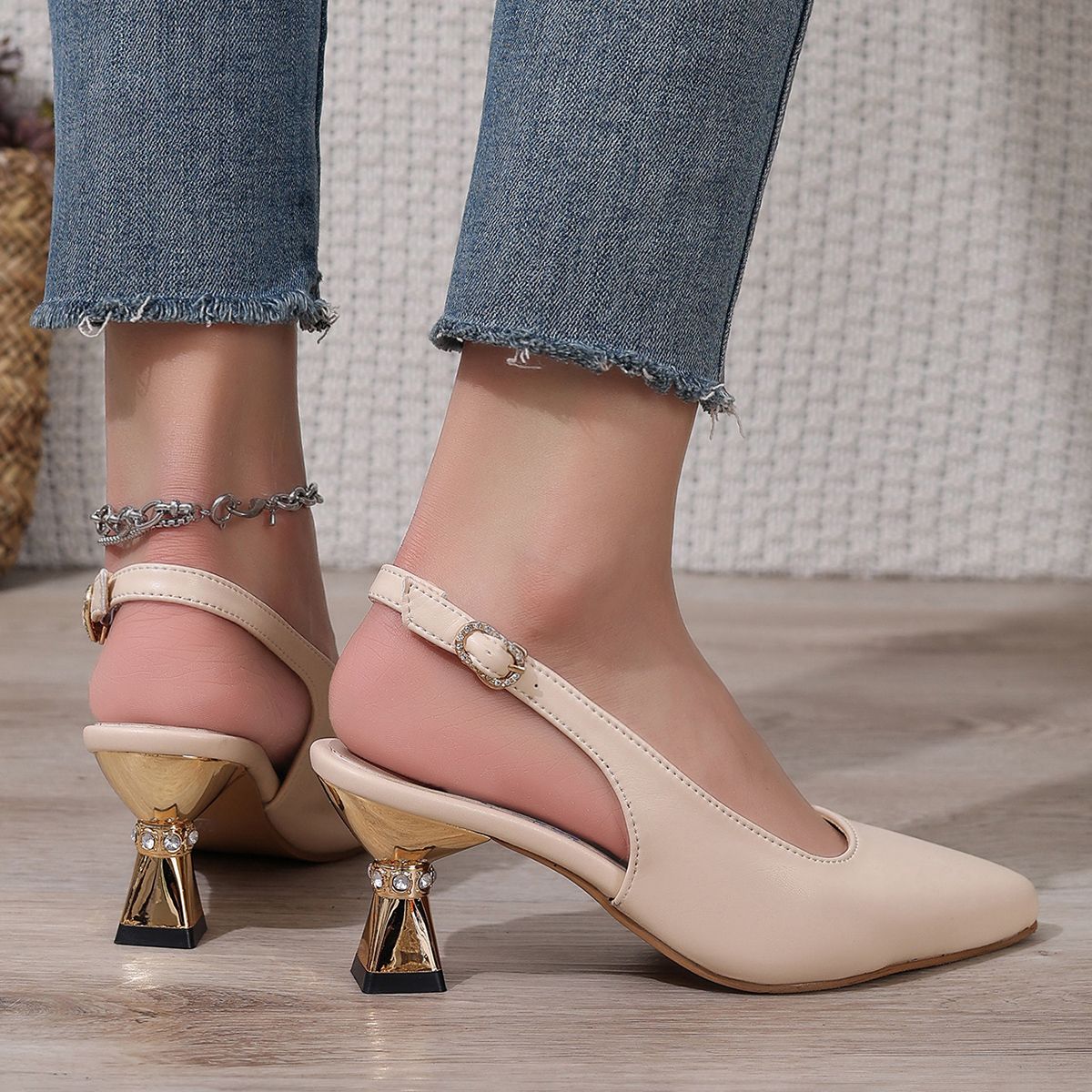 Pu Leather High Heels Pumps Women 2025 Summer Ankle Buckle Thick Heeled Sandals Woman Crystal Decor Pointed Toe Party Shoes