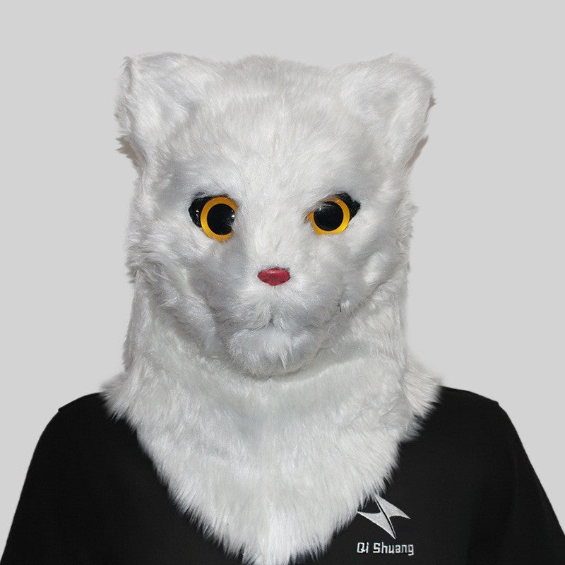 Movable Mouth Cat Head Mask Animal Latex Cute Helmet Artificial Fur for Halloween Costumes Party Props Adult Size