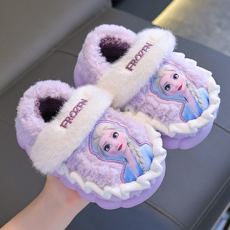 Disney Princess Elsa Winter Children's Cotton Home Slippers Frozen Girl's Snow Non Slip Warm Baby Slippers Pink Blue Size 26-35