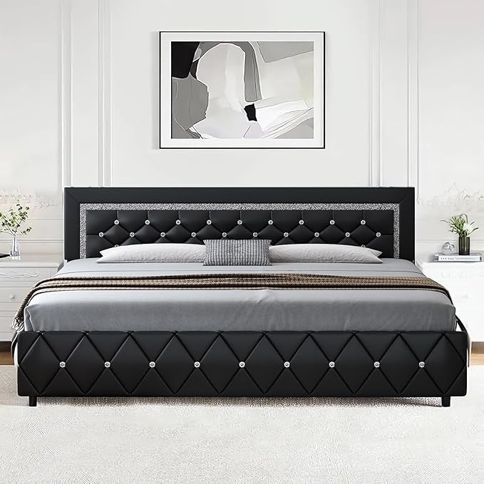 King Bed Frame with Diamond Headboard, Faux Leather Upholstered Platform Bed, Mattress Foundation, No Box Spring Needed,