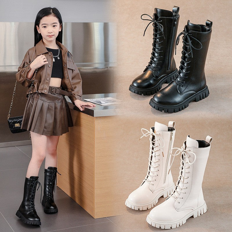 2025 Autumn/Winter Fashion Cool Baby Girls Warm Square Heel Round Toe Casual Lace-Up Comfortable Kids Black Mid Boots