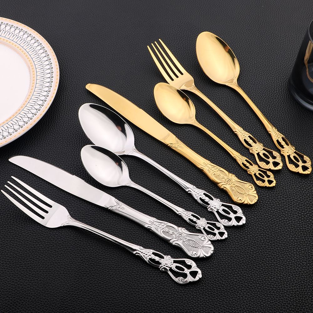 16Pcs Cutlery Sets Vintage Stainless Steel Tableware Dinner Knife Fork Dessert Spoon Dinnerware Set Kitchen Flatware