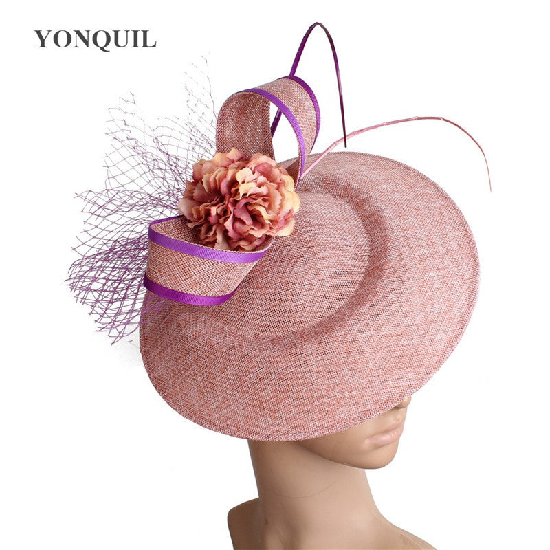 New Design Yellow With Purple Hair Fascinator Hat Headband Bridal Wedding Party Headpiece Mesh Ladies Occasion Hair Accessories