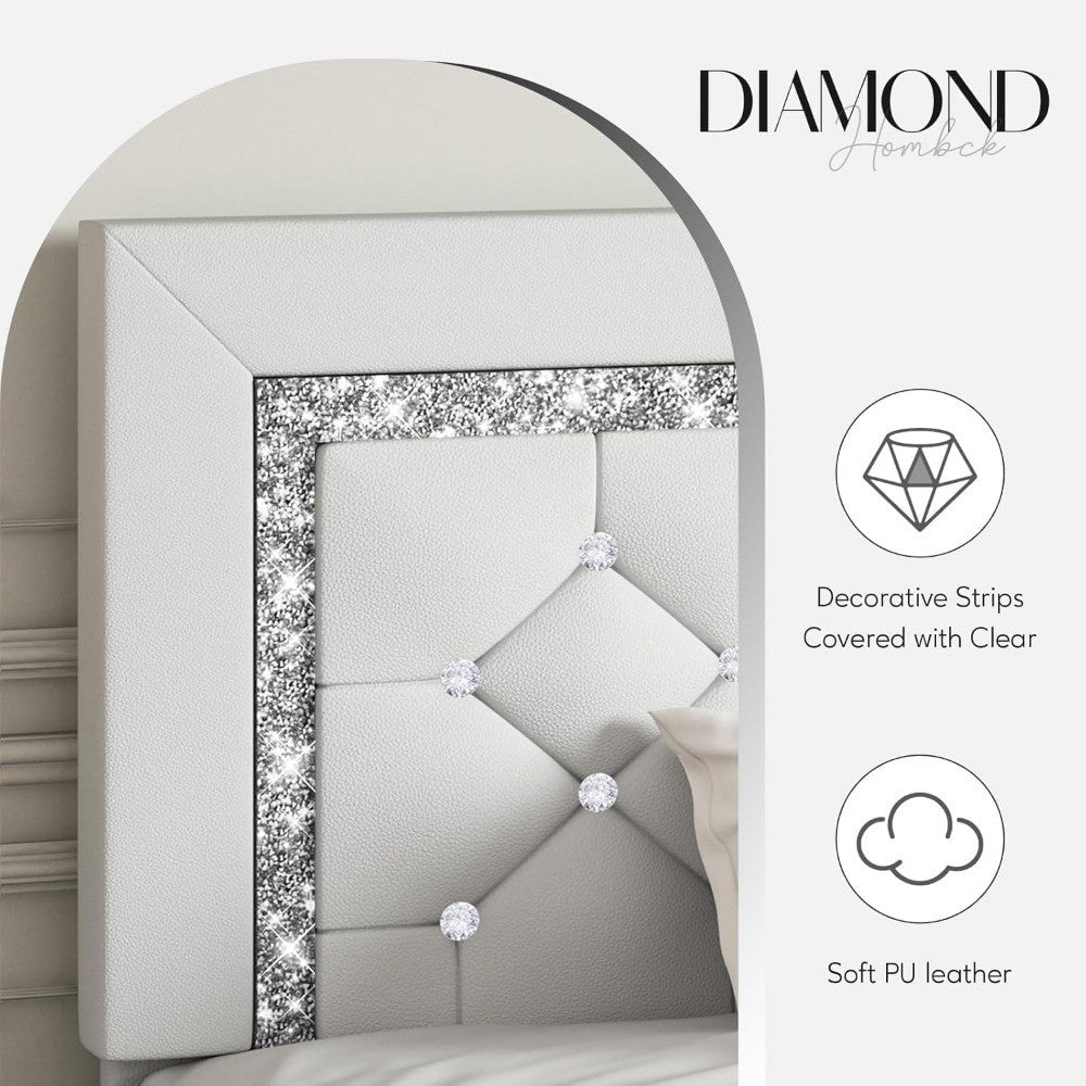 King Bed Frame with Diamond Headboard, Faux Leather Upholstered Platform Bed, Mattress Foundation, No Box Spring Needed,
