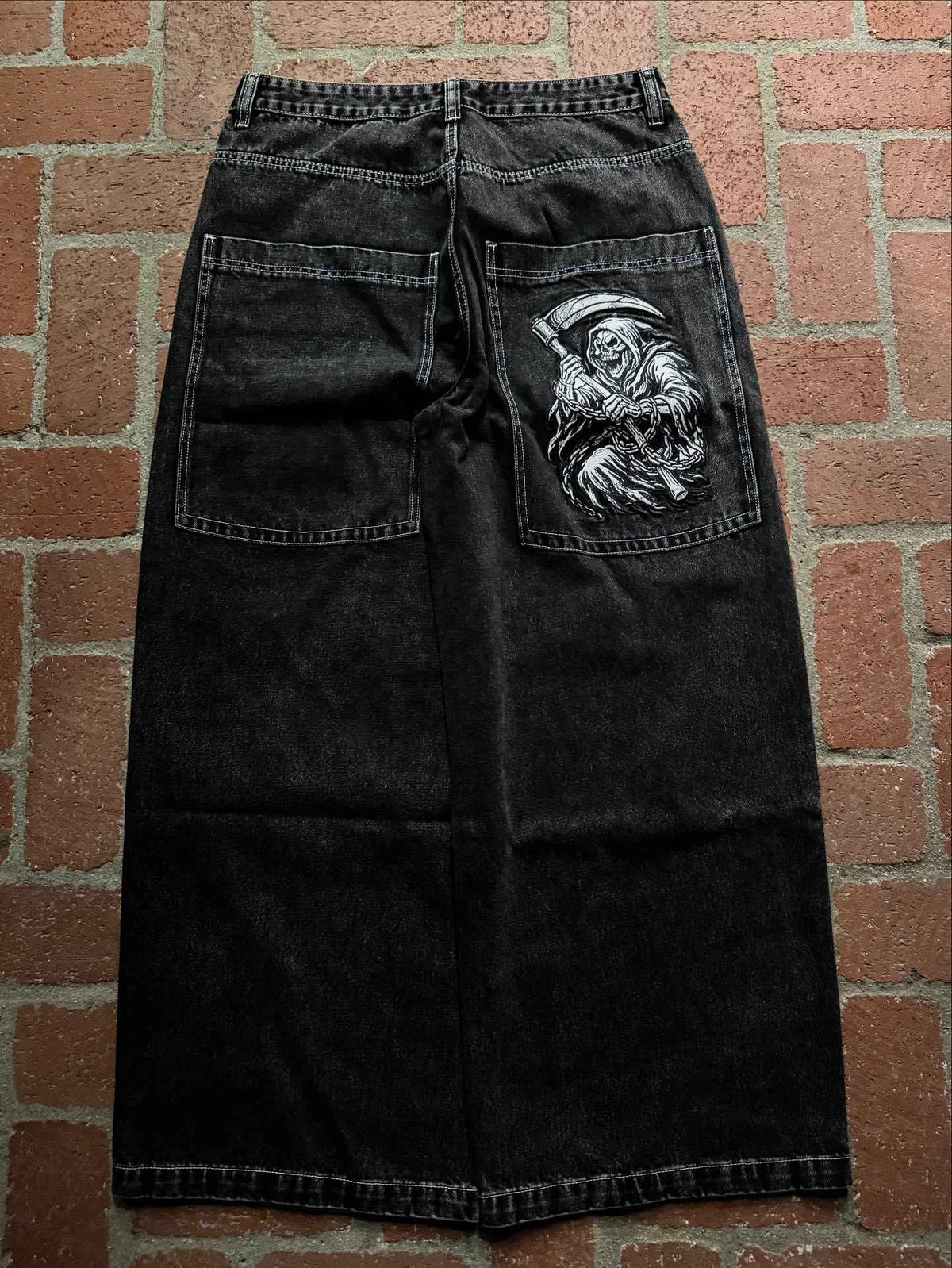 NEWVintage Retro Gothic Grim Reaper Cartoon Printed Graphic Jeans Man and Woman Hip Hop Low Waist Wide Leg Trousers Clothing