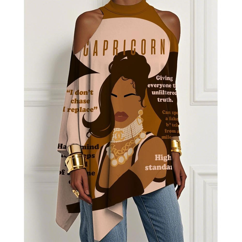European And American Trendy Printed Off-the-shoulder Skirt Irregular Hem Design Dress Fashionable Loose Long-sleeved T-shirt