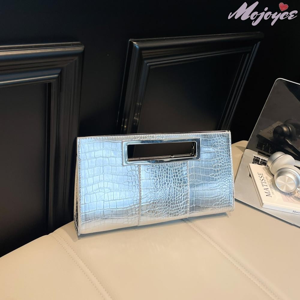 Women Crocodile Pattern PU Leather Clutch Purse Metal Grip Handle Tote Handbag Trendy Evening Bags Chic Black Envelope Party Bag