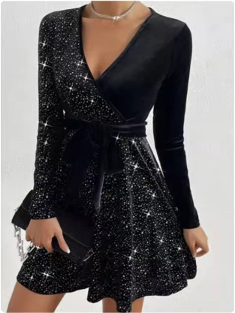 Women's V-neck Sexy Long Sleeved Sequined Solid Color Dress High Street Fashion Elegant Party Evening Dresses