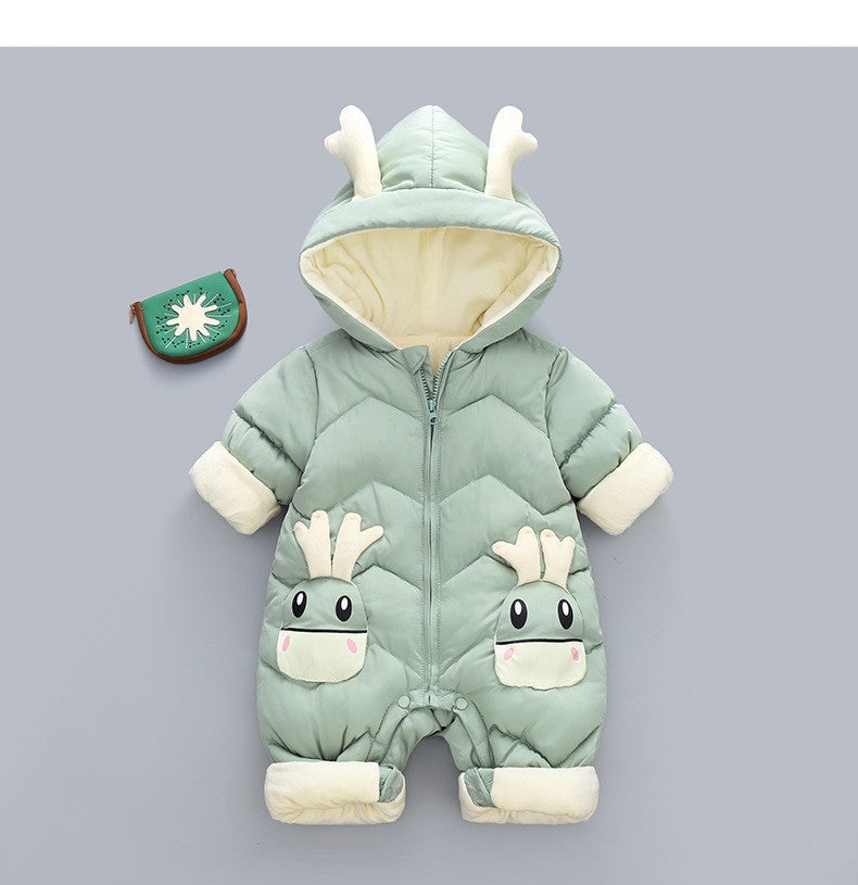 Demin-season Winter Kids Boys Rompers 2025 Cartoon Pockets Hooded Bodysuit For 0-3Y Newborn Infant Babys Boys One-piece Jumpsuit