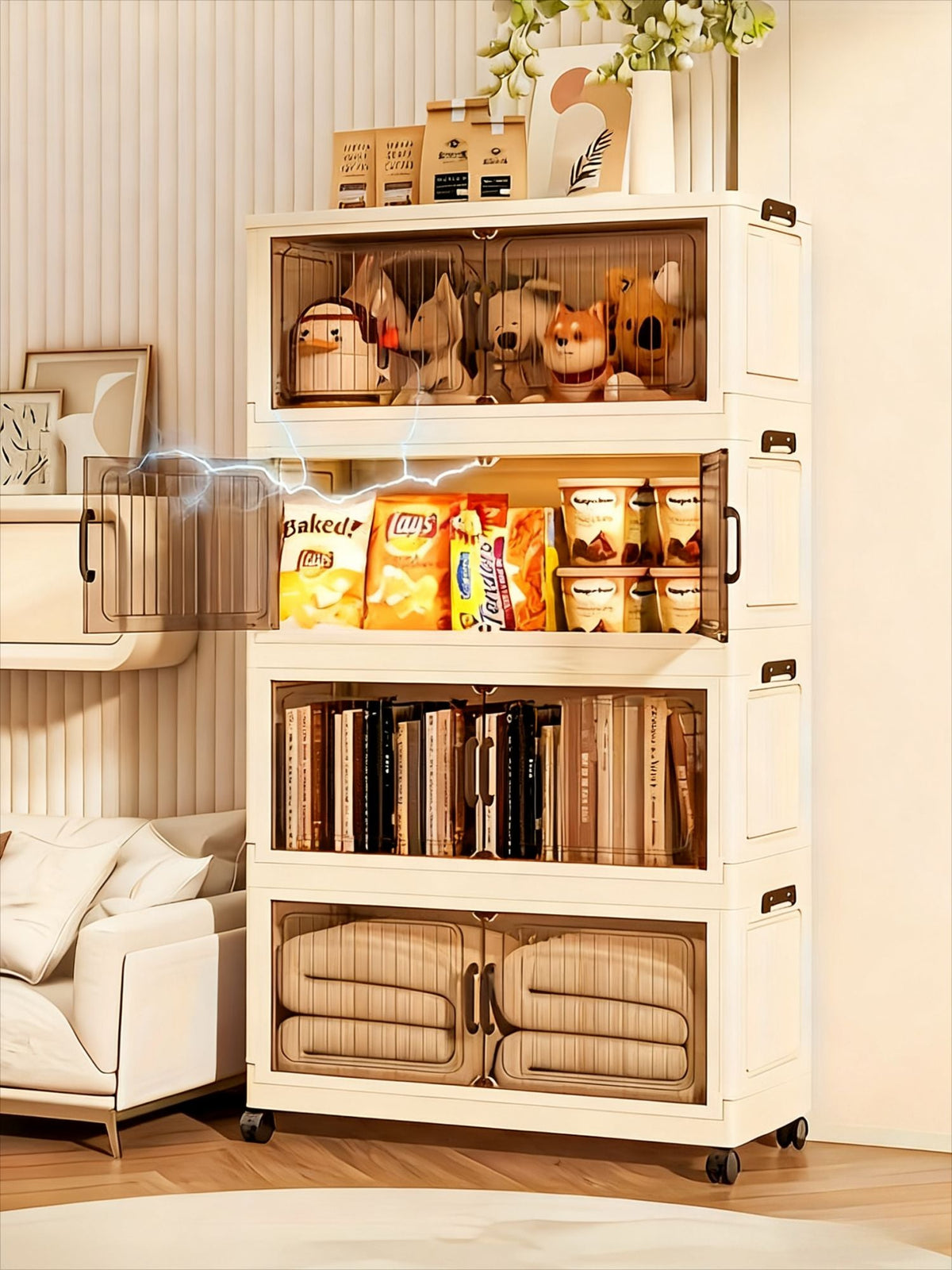 5-Tier Foldable Cabinet, Plastic Bins, Portable Wardrobe Organizer, Rolling Stackable Drawers. For Bedroom, Living Rm, Office