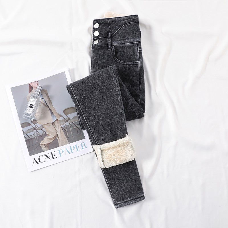 Winter Thick Velvet Women High Waist Skinny Jeans Simple Fleece Warm Slim Fit Stretch Ladies Casual Slim Denim Pencil Pants Y2K