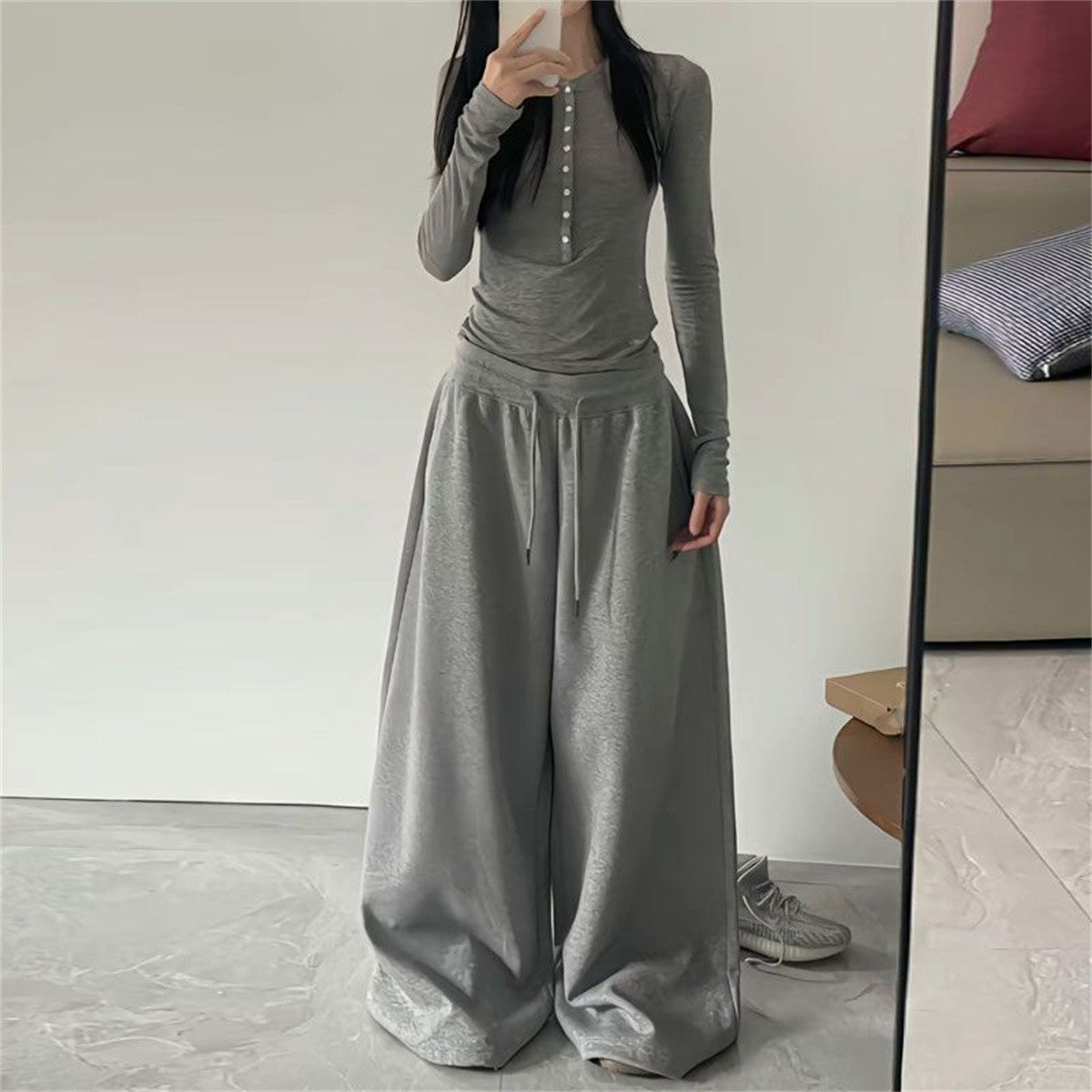 Oversize Woman Grey Black Sweatpants Y2K Korean Streetwear Loose Casual Jogger Pants High Waist All Match Drawstring Trousers